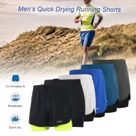 Men's 2-in-1 Running Shorts Quick Drying Breathable Active Training Exercise Jogging Cycle Shorts with Longer Liner (Option: Dark blue-L)