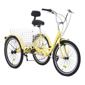 VEVOR Adult Tricycles Bike, 7 Speed Adult Trikes, 26 Inch Three-Wheeled Bicycles, Carbon Steel Cruiser Bike with Basket and Adjustable Seat (Wheel Diameter: 26 inches, Color: Yellow)