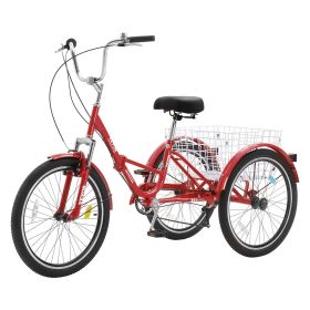 VEVOR Folding Adult Tricycle, 26-Inch 7-Speed Adult Folding Trikes, Carbon Steel 3 Wheel Cruiser Bike with Basket & Adjustable Seat (Wheel Diameter: 26 inches, Color: Red)
