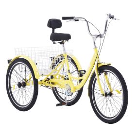 VEVOR Adult Tricycles Bike, 20 Inch Three-Wheeled Bicycles, 3 Wheel Bikes Trikes, Carbon Steel Cruiser Bike with Basket & Adjustable Seat (Wheel Diameter: 20 inch, Color: Yellow)